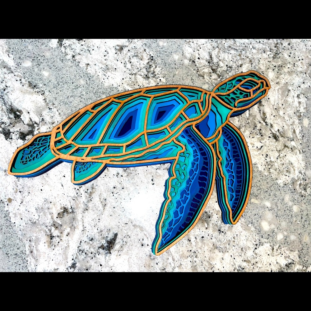 Wooden sea turtle 6 layers handmade by Cactus State Customs. 15x11 hand painted